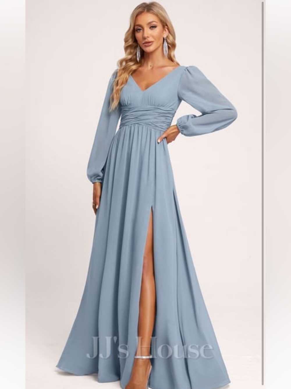 JJs House Dusty Blue V-Neck Long Sleeve Chiffon Maxi Dress
